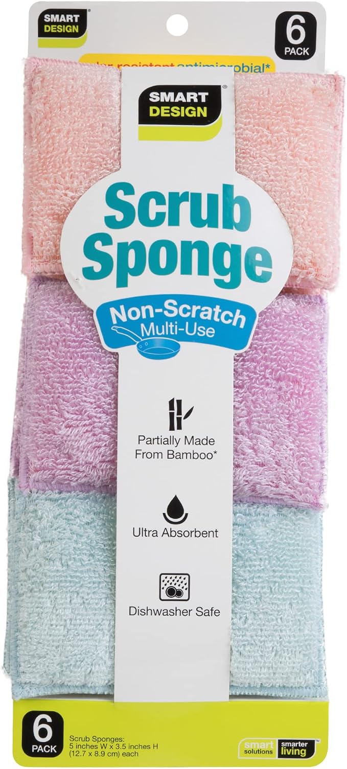 Smart Design Non Scratch Scrub Sponge with Bamboo Odorless Rayon Fiber - Set of 6 - Ultra Absorbent - Soft and Scrubber Side - Cleaning, Dishes, and Hard Stains - Pastel - Blue, Purple, Pink