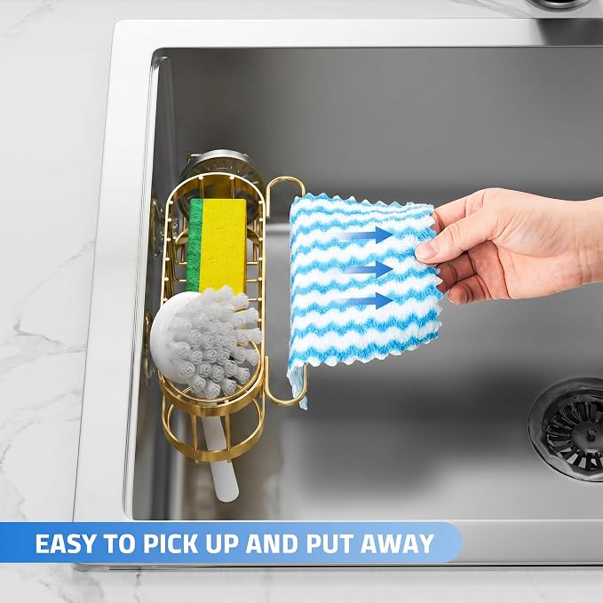 Cisily Kitchen Sink Caddy Sponge Holder in The Sink, Stainless Steel Kitchen Sink Organizer, Brush Holder, Dish Cloth Hanger, Sink Stopper Holder (Suction cup-Gold)