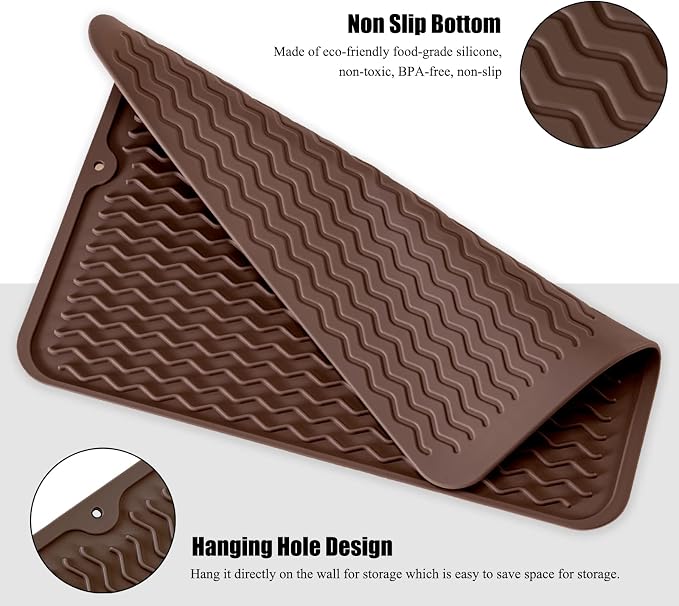 Silicone Dish Drying Mat, Non-Slip Easy Clean Sink Mat Large Heat-resistant Dish Drainer Mat for Kitchen Counter, Sink, Refrigerator or Drawer liner (18" x 16", COFFEE)