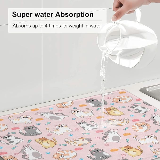 Pink Cat Dish Drying Mat for Kitchen Counter Cute Kitchen Dish Mat Microfiber Kitchen Countertop Absorbent Reversible Drainer Rack Pad