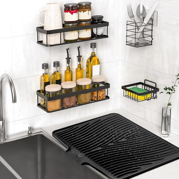 TIKNIK Silicone Dish Drying Mat for Kitchen Counter - Heat Resistant & Non-Slip Dish Drain Pad with Built-In Drain, Dishwasher Safe, Quick-Dry, Hangable & Roll-Up for Storage, Black-2pcs, 20" x 15"