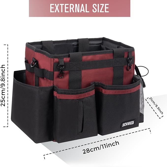 SCAVATA Compact Wearable Cleaning Caddy with Handle & Shoulder Straps | Small Cleaning Supplies Organizer, Under Sink & Car Cleaning Tools Storage Bag for Housekeepers Cleaners, AncoraRed