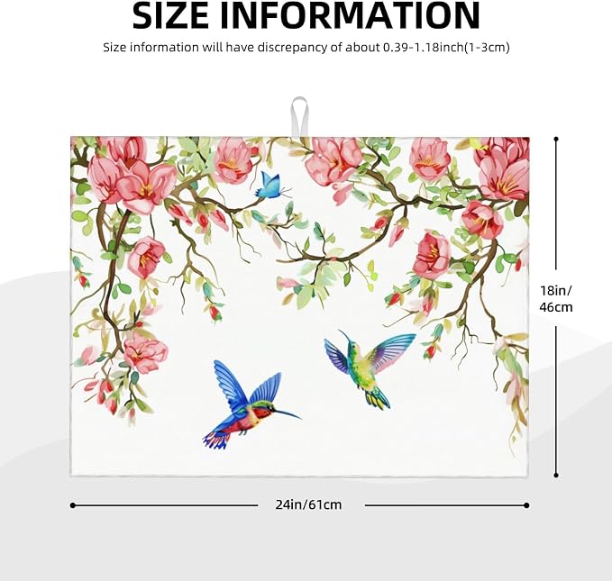 Hummingbird Butterfly Magnolia Dish Drying Mat For Kitchen Counter, Super Absorbent Microfiber Dish Drying Pad, Kitchen Gadgets For Easy Clean Multi-Use Large 18"x24"