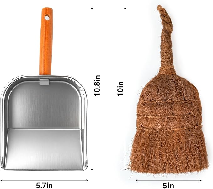 Mini Dustpan and Brush Set, Palm Fiber Handheld Small Broom and Metal Dustpan Combination (Small Broom)