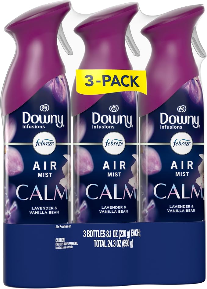 Febreze Air Mist, Air Freshener Spray, Odor Fighting Room Spray, Deodorizer for Home Bathroom Kitchen Office Apartment Dorm Room Classroom, Downy Calm Lavender & Vanilla Bean Scent, 8.1oz (Pack of 3)