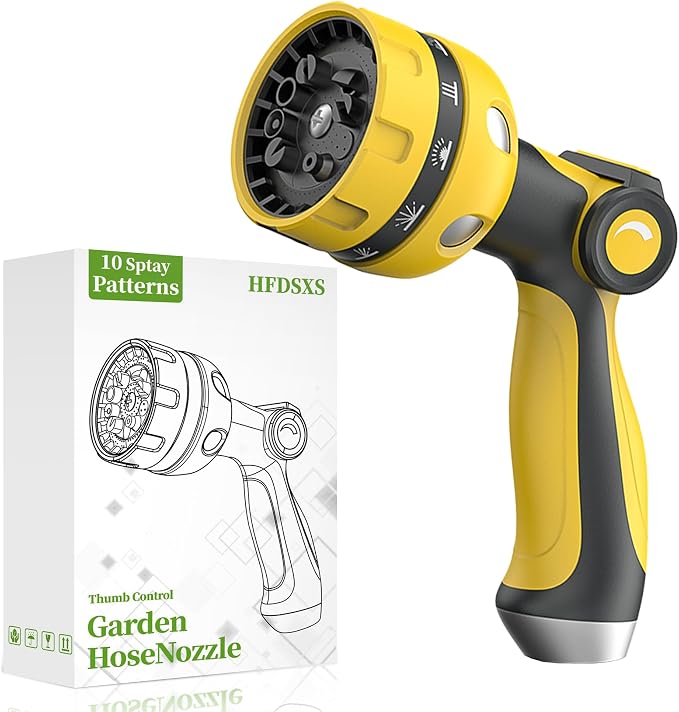 Garden Hose Nozzle, Heavy Duty Water Hose High Pressure Sprayer with 10 Watering Patterns, Thumb Control On Off Valve, for Watering outdoor Plants & Lawn, Car & Pet Washing（Yellow）