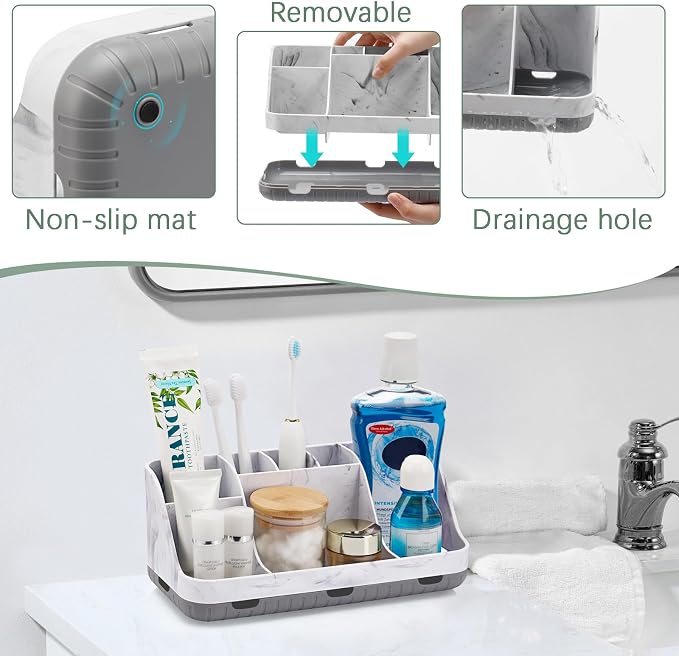 GFWARE Marble Bathroom Countertop Organizer - Detachable 7 Slots Kids Electric Toothbrush and Toothpaste Holde Drainage for Bathroom Accessories Organization Counter Vanity Storage, Grey