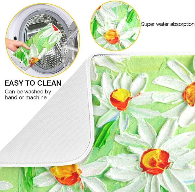 Absorbent Dish Drying Mat for Kitchen Counter - Green Sunflowers Oil Painting Microfiber Drying Pad, Reversible Drainer Mats for Countertop, Small 16 x 18 inch