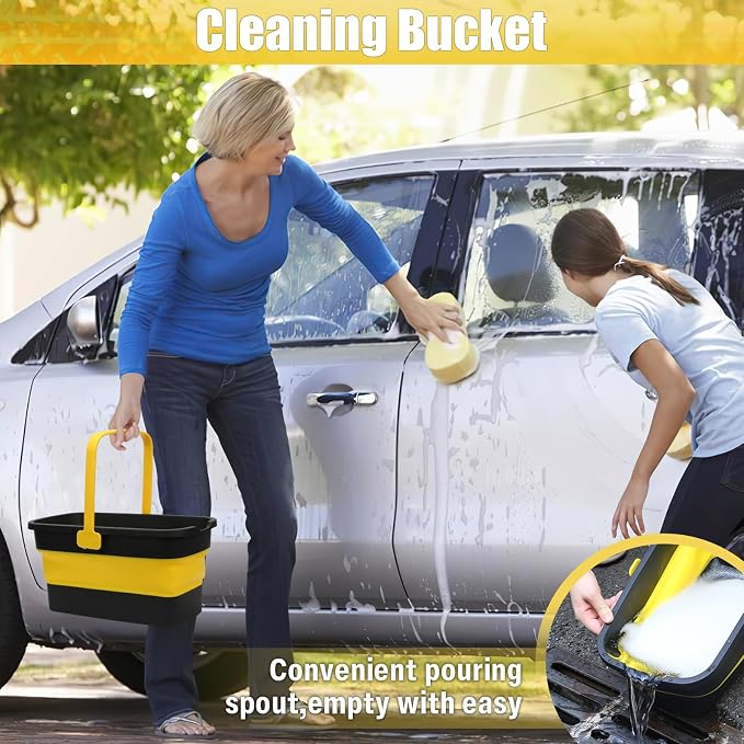 Collapsible Mop Bucket for Cleaning with Handle, Square Foldable Bucket | Silicone Wash Bucket for Windows Cleaning, Car Washing,Portable Plastic Water Bucket for Storage Household Use, 3-Gallon