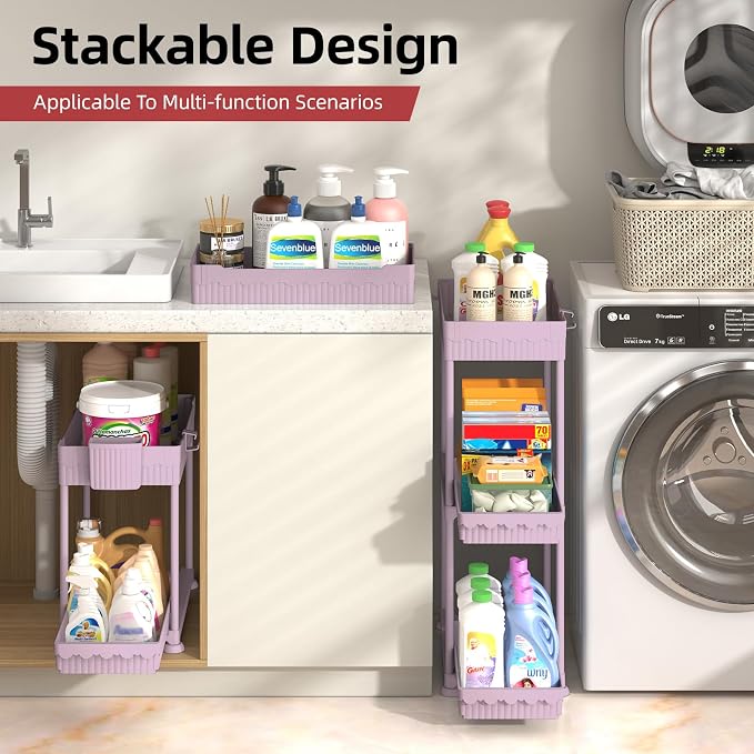 Sevenblue 4-Pack 2-Tier Under Sink Organizer with Pull Out Drawers | Multi-use kitchen & bathroom storage. Includes hanging hooks and cups. Pink, space-saving cabinet design. 12.8 Inch