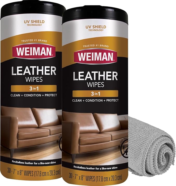 Weiman Leather Cleaner & Conditioner - Cleans, Restores & Protects Leather, UV Protection Prevent Cracking & Fading, For Car Seats, Sofas, Shoes, Bags & All Finished Leather Surfaces, 2 Pack, 60 Wipes