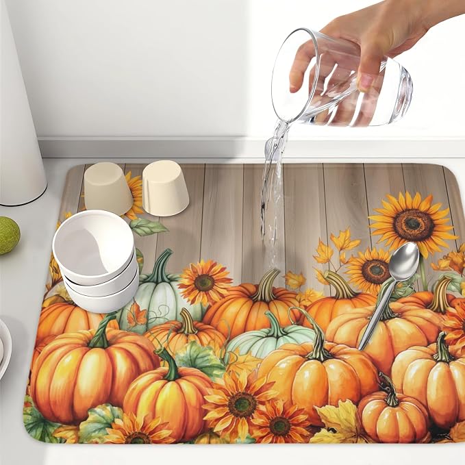 Fall Orang Pumpkin Dish Drying Mat for Kitchen Counter 18 x 24 Inch Autumn Sunflower Dish Drainer Mat Absorbent Microfiber Thanksgiving Wooden Dish Rack Pad for Coffee Dining Bar Decor