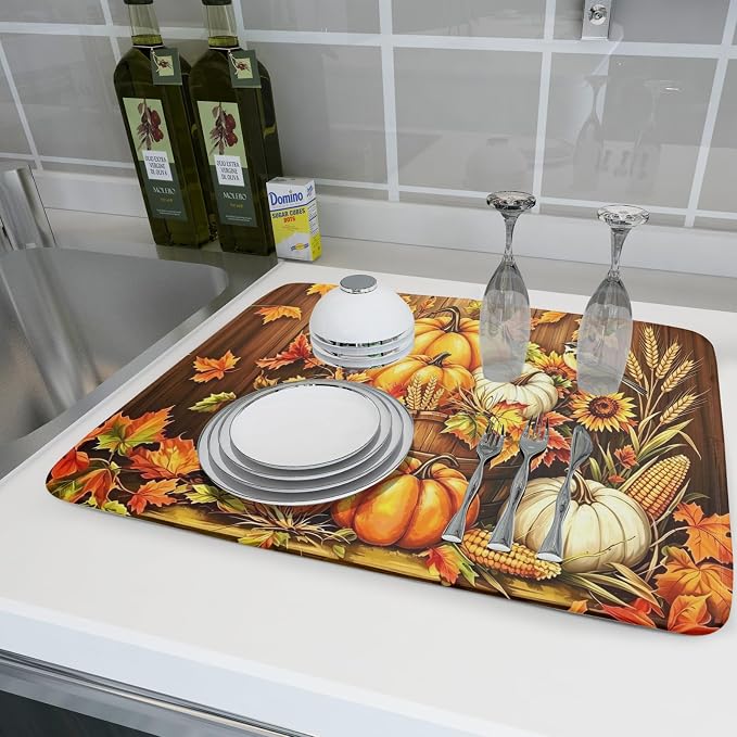Autumn Dish Drying Mat for Kitchen Counter Fall Pumpkin Corn Harvest Microfiber Absorbent Dish Draining Reusable Washable Foldable Extra Large 18"x24"