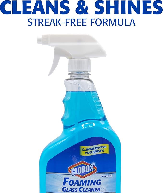 Clorox Foaming Glass Cleaner Trigger Spray, Streak Free No Drip Formula for Windows, Mirrors, and Glass Surfaces, All Purpose Household Cleaning Spray in Fresh Scent, 32 Ounce - 2 Pack