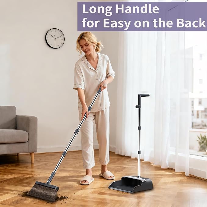 Broom and Dustpan Set, 51.6" Long Handle Broom with Dustpan Combo Set with Dustpan Teeth & Two Broom Heads, Brooms with Dust Pan for Sweeping Indoor Home Kitchen Office Lobby Pet Hair