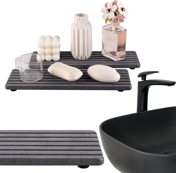 NiuYichee 2 PCS Water Absorbent diatomite Coasters, 12.2" x 4" Water Absorbing Stone Tray for Sink, Stone Drying mat for Kitchen Counter, Stone soap Tray Used for Hand Soaps & toiletries & Plants