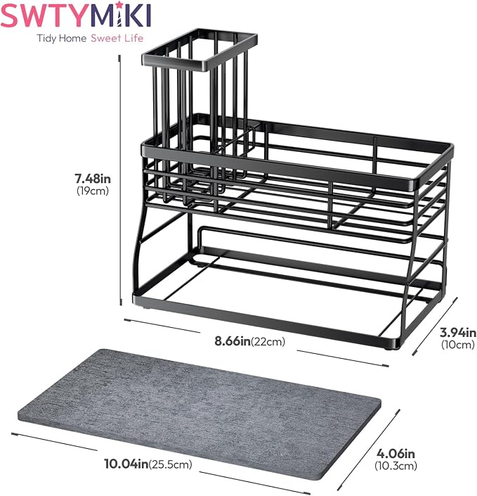 SWTYMIKI Sponge Holder for Kitchen Sink - 2 Tier Rustproof Sink Caddy with Instant Drying Stone, Removable Dish Brush Holder, Stainless Steel Kitchen Caddy for Coutertop Storage Accessories