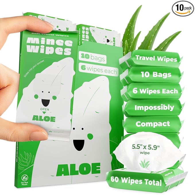 Impossibly Compact Travel Wipes - 99.5% Water - Safe for Sensitive Skin, Resealable, Thick & Durable - For Adults & Kids - Aloe, 10 Pack Total 60 Wipes