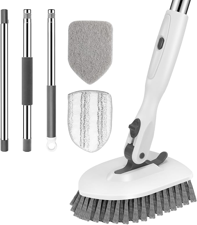 SetSail Tile Tub Scrubber Brush 3-in-1 Long Handle Shower Brush,White Grey | with 3 Detachable Replacement Brush Head, Multi-Angle Cleaning Locks at 45°, 90°, 180° for Bathroom Kitchen Walls Tub Tile