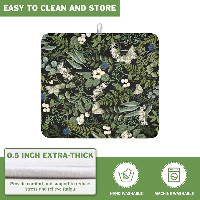Sage Green Botanical Fruit Dish Drying Mat 16x18 Inch | Butterfly，Polyester，Absorbent Microfiber，for Kitchen Coffee Dining Bar Decor