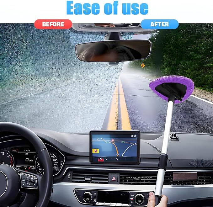 Extendable Car Windshield Cleaning Tool with Microfiber Pads, Purple | reusable glass-wiper design, interior and exterior window use, fits most cars, SUVs, and trucks, automotive cleaning tools