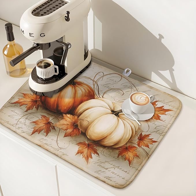 Fall Pumpkin Dish Drying Mat 16X18 Inch Vintage Autumn Drying Mat for Kitchen Counter Absorbent Maple Leaf Fall Thanksgiving Farmhouse Dishes Pad Drainer Mat Countertop Protector for Kitchen Fast Dry