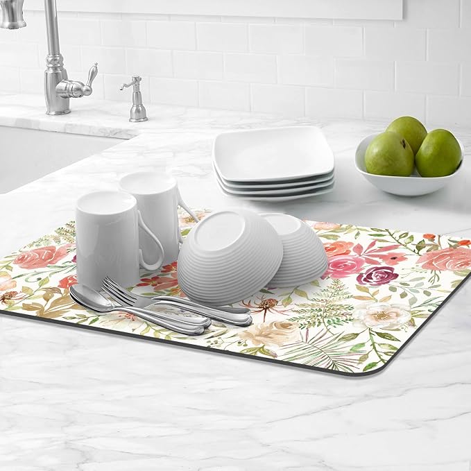 LOKHOM Dish Drying Mat for Kitchen Counter, 12"x20" Absorbent Coffee Bar Mat with Pink Roses Petals , Dish Drainer Rack Mats for Kitchen Counter Coffee Maker Coffee Pot Dining Room Decoration