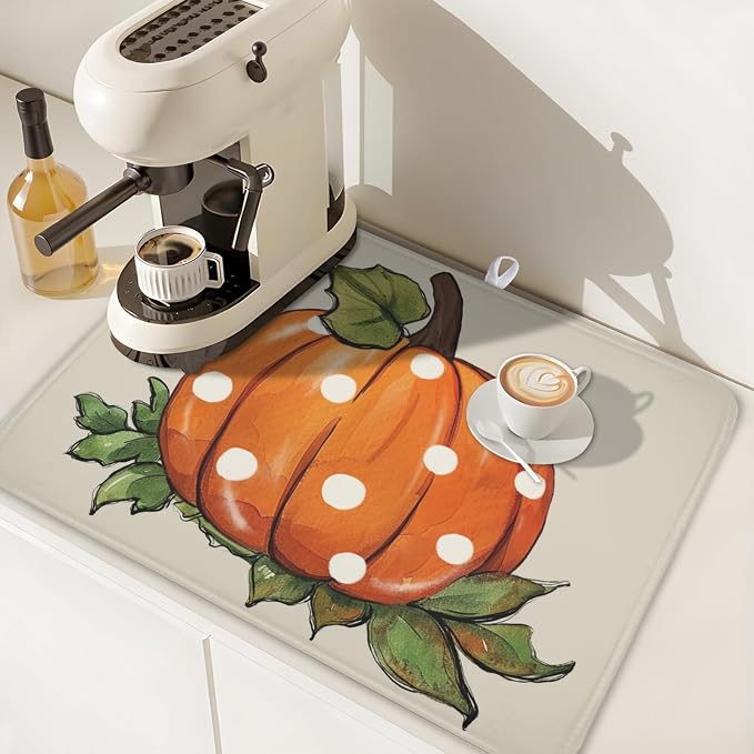 Fall Pumpkin Dish Drying Mat for Kitchen Counter 18 x 24 Inch Autumn Green Leaf Dish Drainer Mat Absorbent Microfiber Thanksgiving Harvest Dish Rack Pad for Coffee Dining Bar Decor