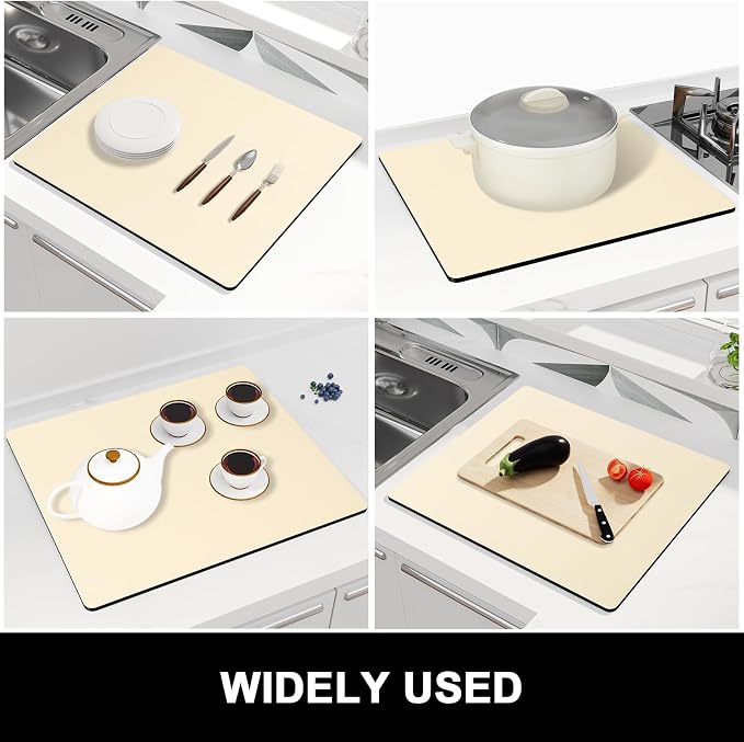 Rnivvi Dish Drying Mat for Kitchen Counter, 16 x 18" Cute Absorbent Heat Resistant Drying Pad with Non-slip Rubber, Coffee Bar Mats for Coffee Machine Dish Rack Kitchen Decor Accessories, Beige