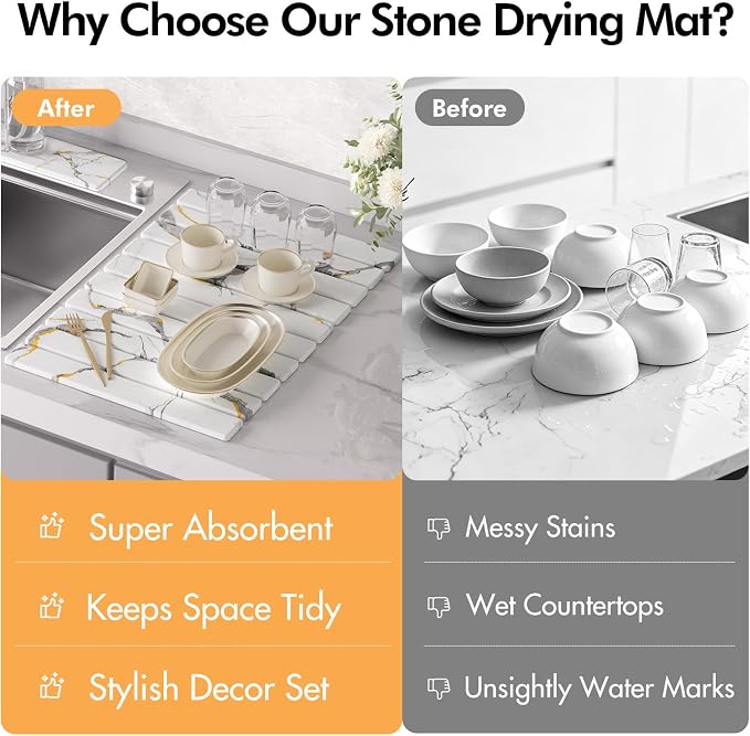 4 Pcs Stone Dish Drying Mat Set, 24''x16'' Fodable Large Diatomaceous Earth Drying Mat, Faucet Mat and 2 Coasters for Kitchen Counter, Super Absorbent Quick Dry Mats for Dishes Bottles Cups