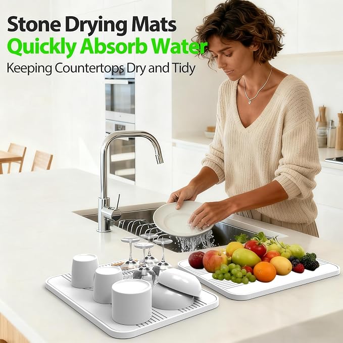 2 PCS Stone Dish Drying Mat ＆ Silicone Mat for Kitchen Counter – Diatomaceous Earth Bath Mat for Bathroom, 16.14"L×12.4"W×2 Quick Dry Mats for Dishes ,Bottles, Cups, Match Any Countertop(White)