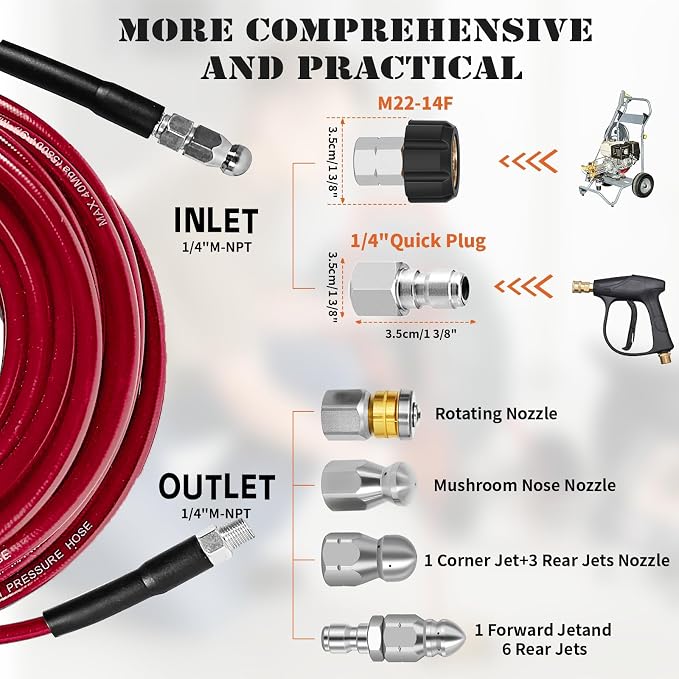 Sewer Jetter Kit for Pressure Washer, 50FT Drain Cleaner Hose 5800PSI with 1/4 Inch NPT Corner, Rotating Nozzle and 4 Different Button Nose Sewer Jet Nozzles, Waterproof Tape and 2 Spanners (Red)