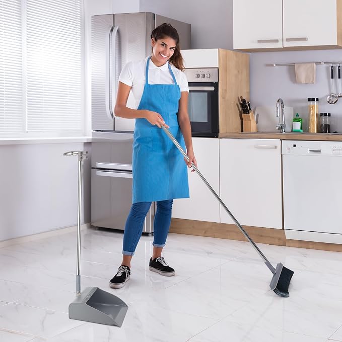 Nosiny 6 Broom and Dustpan Set with 48 Inches Long Handle with Stand up Dustpan Combo Set Large Size and Stiff Broom Dust Pan for Office Kitchen Lobby Floor Use
