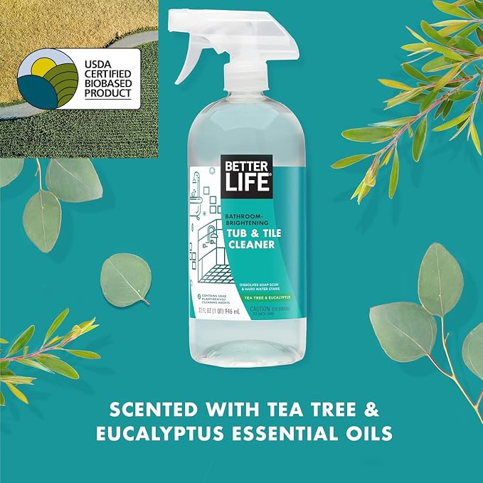 BETTER LIFE Bathroom Cleaner - Tea Tree Bathtub & Shower Cleaner Spray for Glass and Tile - Foaming Mold and Mildew Remover for Tub Works on Hard Water Stains - 32oz (Pack of 2)