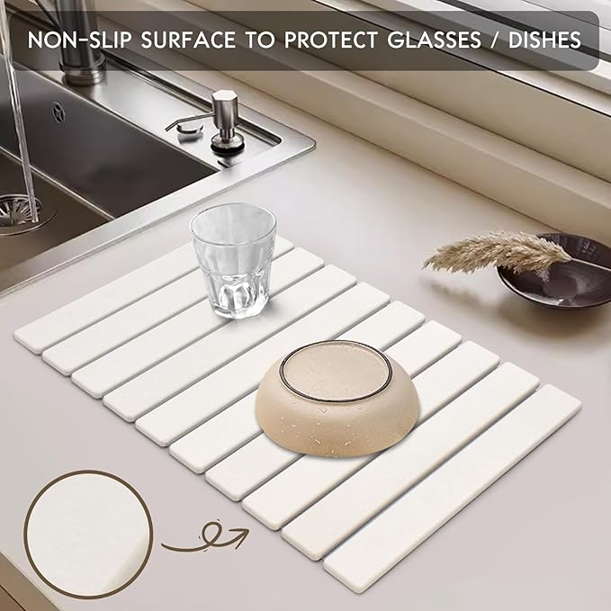 Large Stone Dish Drying Mat for Kitchen Counter, 24"(L)×16"(W) Fast Dry Super Absorbent Collapsible Dish Drying Mats, Eco-Friendly Diatomaceous Earth Mats for Dishes Bottles Cups,Match Any Countertop