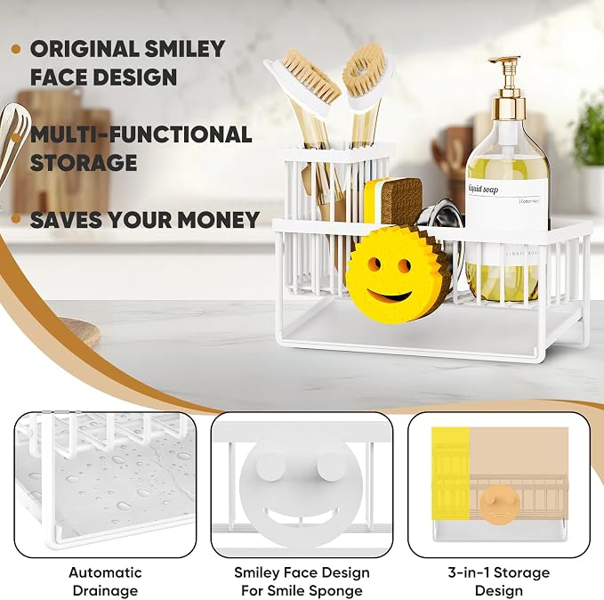Sponge Holder for Kitchen Sink,Smiley Face Sink Caddy with Removable Brush Holder,Self-Draining Sponge Caddy for Sponge,Soap,Dish Brush,Scrubber,Kitchen Essentials and Gadgets-White
