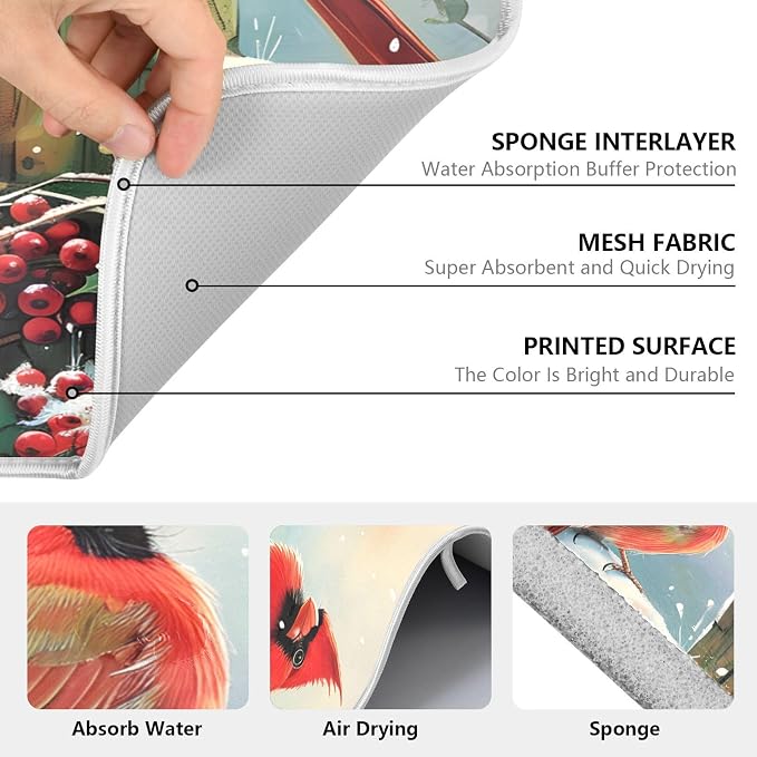 Winter Birds Snowflakes Berry Dish Drying Mat for Kitchen Counter Absorbent Microfiber Large Christmas Drying Pad Dish Mats for Kitchen Countertops 18 x 24 Inch