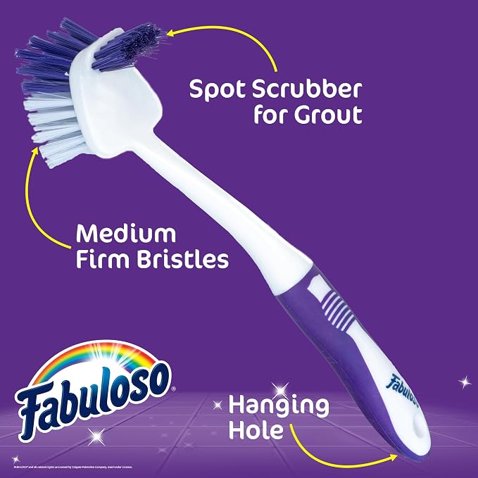 Fabuloso Long Tile Brush with Spot Scrubber, White and Purple, 11 Inch