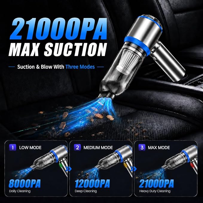 Cordless Mini Car Vacuum Cleaner, Hand Held Portable Vacuum, 21000PA High Power Small Vacuum Cleaner, Compressed Air Duster & Air Blower & Aspiradora para Carro for Car, Home, Office, Pet