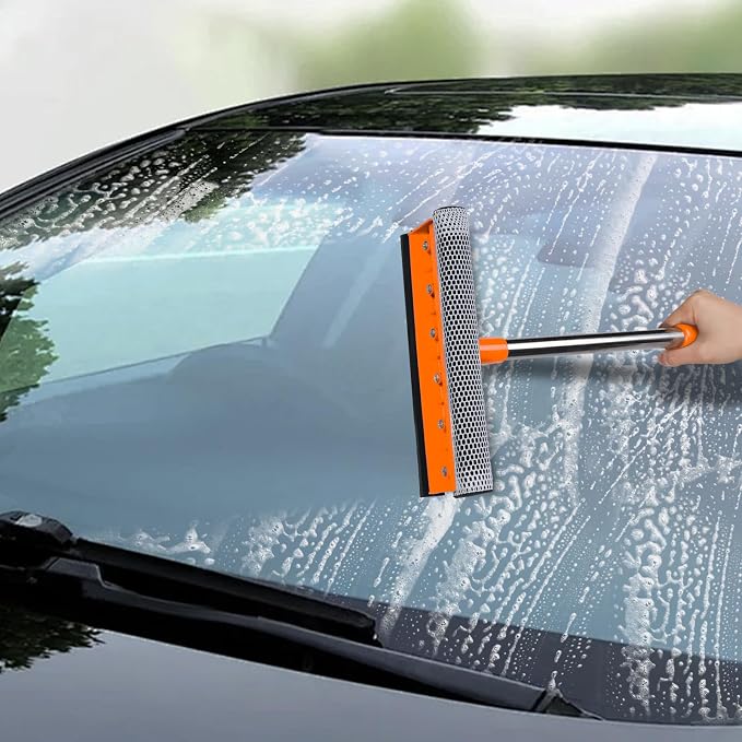 2 in 1 Car Windshield Squeegees with 15.3"-23.6" Retractable Stainless Steel Handle, Windshield Cleaner Tool for Cars, Trucks, Glass Doors, Shower Glass, Outdoor Windows, Orange