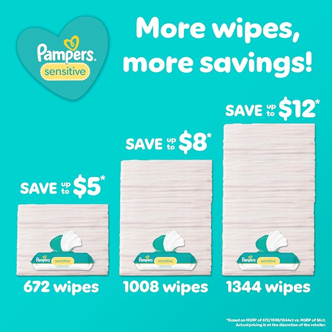 Pampers Sensitive Baby Wipes, Water Based Baby Wipes, Fragrance Free and Hypoallergenic, 192 Wipes Total (3X Refill Packs) [Packaging May Vary]
