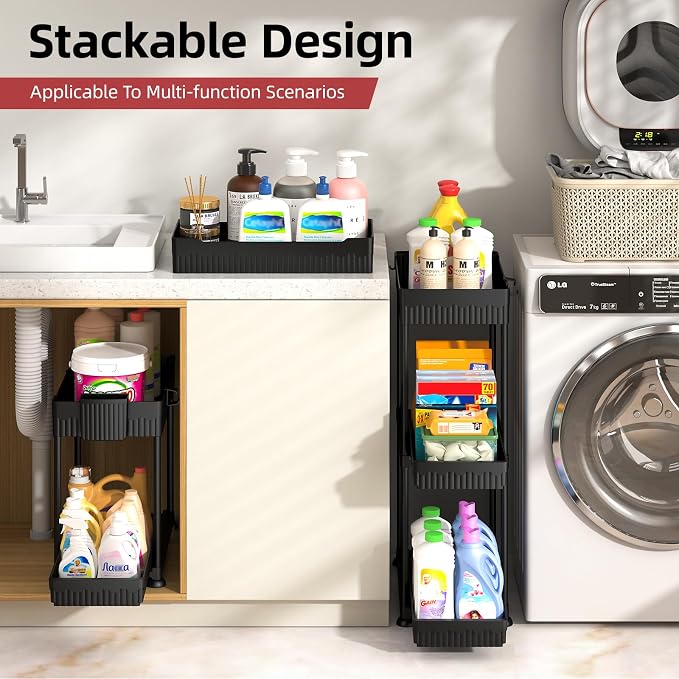 Sevenblue 4-Pack 2-Tier Under Sink Organizer with Pull Out Drawers | Multi-use kitchen & bathroom storage. Includes hanging hooks and cups. Black, space-saving cabinet design.