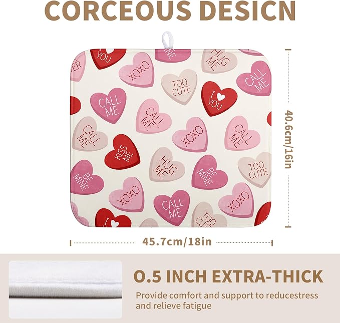 Valentine Love Heart Dish Drying Mat for Kitchen Counter 18x24 Inch Valentines Day Dish Mats Absorbent Microfiber Dish Draining Mat Reversible Dish Drying Rack Mat with Hanging Loop