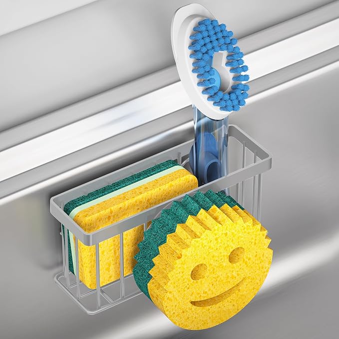 MURLONG Sponge Holder Smiley Face, Sink Organizer with 2 Suction Cups/1 Adhesive Strips, Designed for Sponge, Soap, Dish Brush, Scrubber - Gray