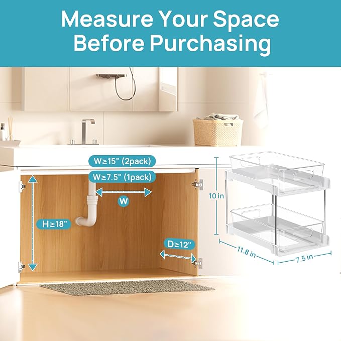 Vtopmart 2 Pack Bathroom Organizer, 2 Tier White Under Sink Organizers Vanity Countertop Storage Container,Cabinet Drawers Bins, Pull-Out Organization with Track for Pantry, Kitchen