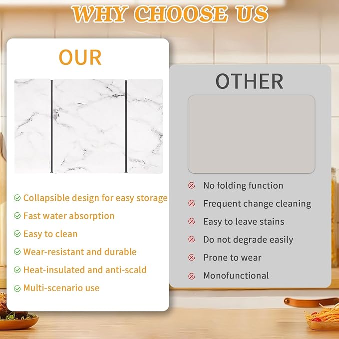 Stone Dish Drying Mat for Kitchen Counter, 24''×15'' Dishes Drying Matt Kitchen Counter, Absorbent Diatomaceous Earth Bath Quick Dry Mats for Tableware, Bottles and Cup(White Marble)