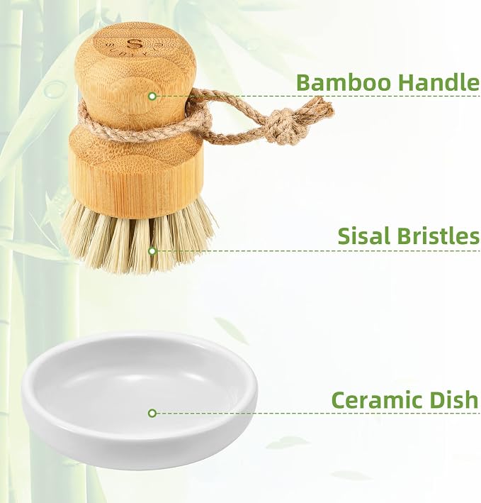 SUBEKYU Bamboo Dish Scrub Brushes, Kitchen Wooden Cleaning Scrubbers Set for Washing Cast Iron Pan/Pot, Natural Sisal Bristles, Set of 2