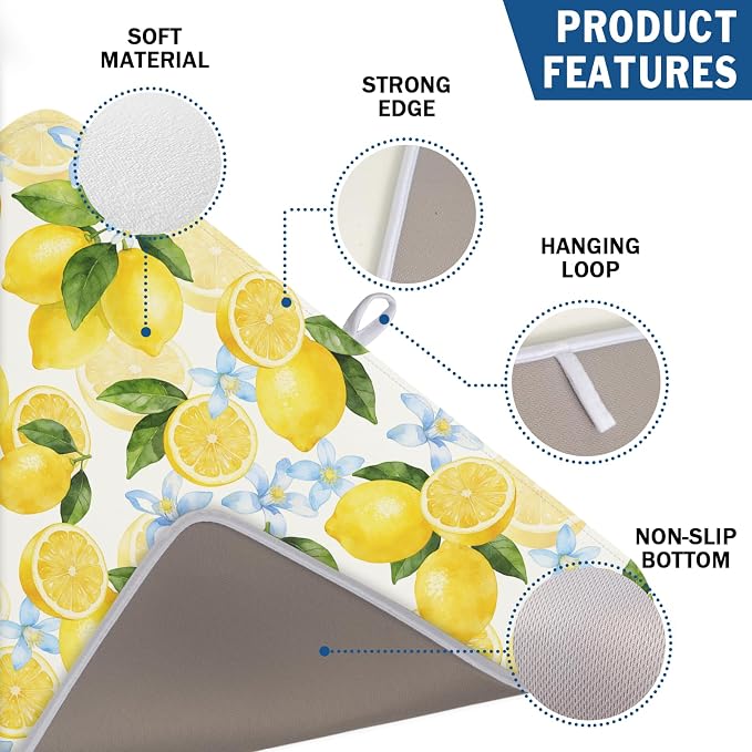 Kawani Lemon Dish Drying Mat 18x24 Inch Absorbent Reversible Summer Drying Mat Floral Lemon Fruits Dish Drying Rack Mat Yellow Summer Themed Dish Drainer Mat for Kitchen Counter Coffee Bar