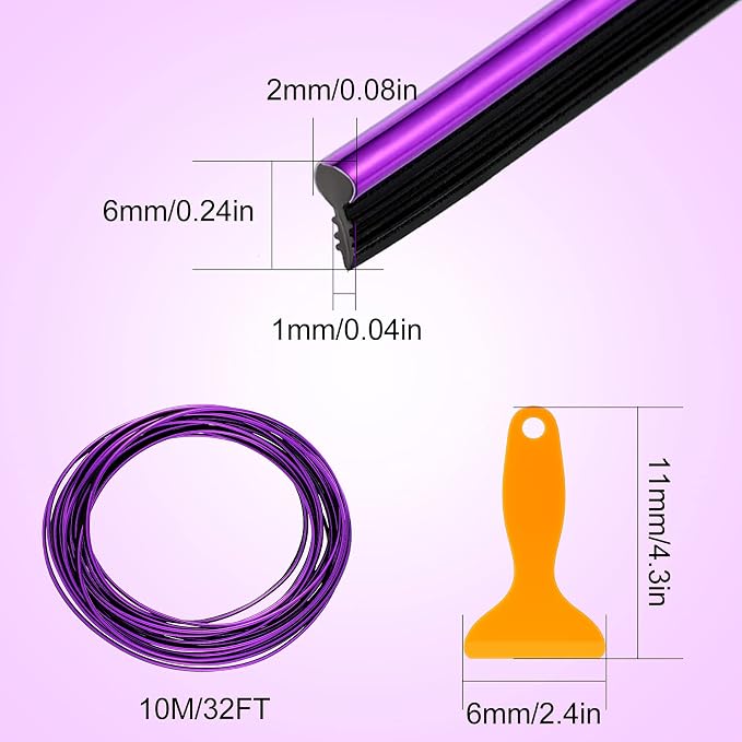 32 Feet Car Interior Moulding Trim Strips Universal Car Decoration Pinstriping Filler Insert Strips Dashboard Decorative DIY Flexible Garnish with Installing Tool(Simple Style,Purple)