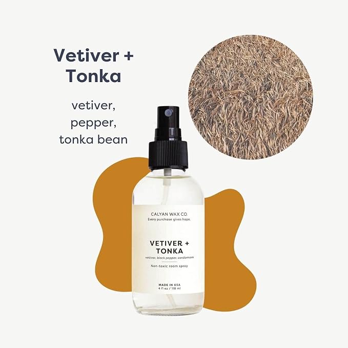 Calyan Wax Co. Vetiver & Tonka Room Spray - Natural Room Deodorizer | Long Lasting Clean Air Freshener - Room Spray for Luxurious Home Fragrance - Bedroom, Bathroom & Car Spray - 4 fl oz